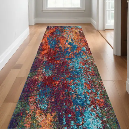 10' Blue and Orange Abstract Power Loom Runner Rug Photo 1