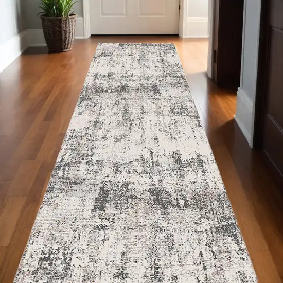 10' Gray and Ivory Abstract Power Loom Runner Rug Photo 1