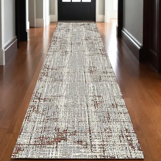 10' Gray and Red Abstract Power Loom Runner Rug Photo 1