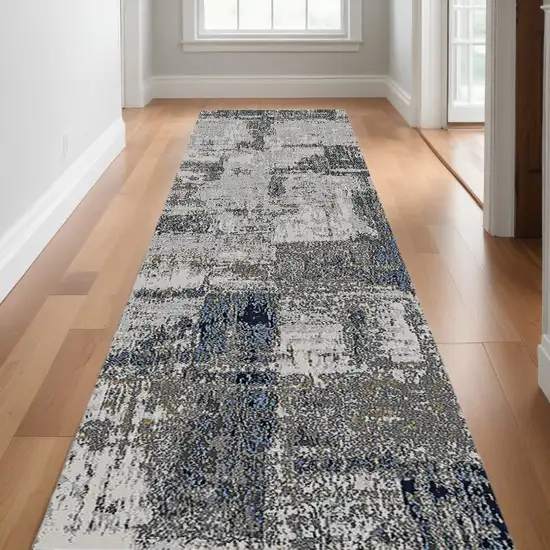 10' Gray and Blue Abstract Power Loom Runner Rug Photo 1