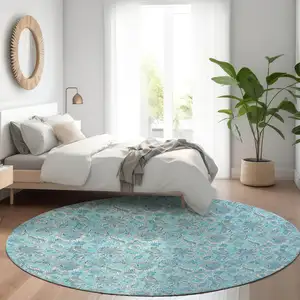 Photo of 8' Aqua Blue And Silver Round Floral Washable Indoor Outdoor Area Rug