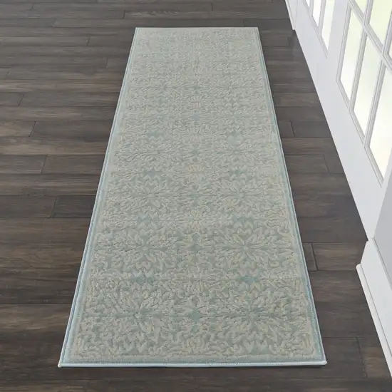 7' Aqua Floral Power Loom Runner Rug Photo 5