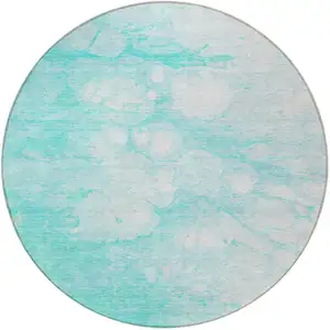 Photo of 8' Aqua Ivory And Teal Blue Round Abstract Washable Indoor Outdoor Area Rug