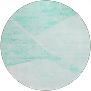 Photo of 8' Aqua Sky Blue And Ivory Round Abstract Washable Indoor Outdoor Area Rug