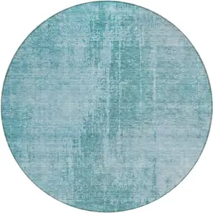 Photo of 8' Aqua Teal Blue And Gray Round Abstract Washable Indoor Outdoor Area Rug