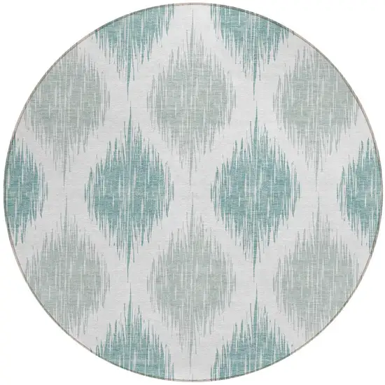 8' Aqua Teal Blue And Ivory Round Ikat Washable Indoor Outdoor Area Rug Photo 5