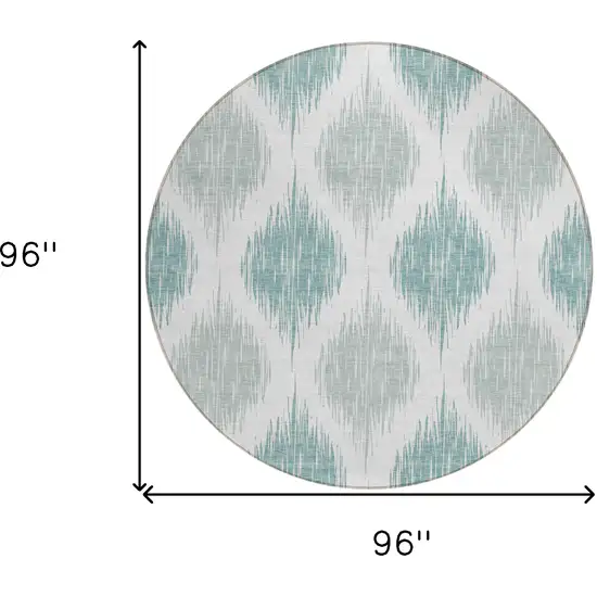 8' Aqua Teal Blue And Ivory Round Ikat Washable Indoor Outdoor Area Rug Photo 3