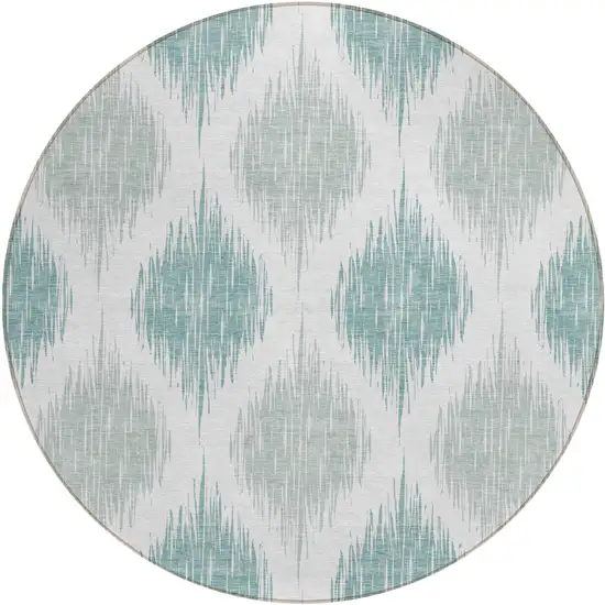 8' Aqua Teal Blue And Ivory Round Ikat Washable Indoor Outdoor Area Rug Photo 2