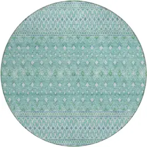 Photo of 8' Aqua Teal Blue And Ivory Round Tribal Washable Indoor Outdoor Area Rug