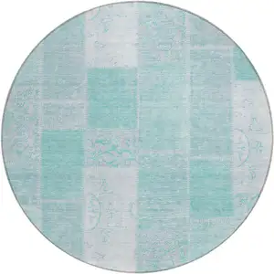 Photo of 8' Aqua Teal Blue And Silver Round Patchwork Washable Indoor Outdoor Area Rug