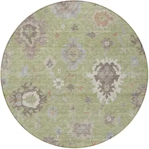 Photo of 8' Artichoke Green And Beige Round Floral Washable Indoor Outdoor Area Rug