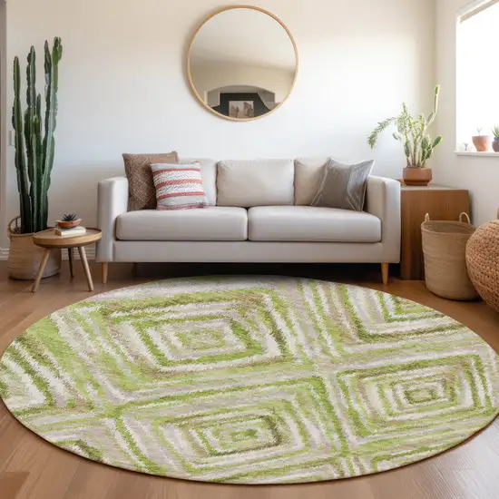 8' Artichoke Green And Brown Round Geometric Washable Indoor Outdoor Area Rug Photo 8