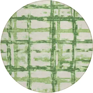 Photo of 8' Artichoke Green And Emerald Round Striped Washable Indoor Outdoor Area Rug