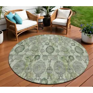 Photo of 8' Artichoke Green And Fern Green Round Damask Washable Indoor Outdoor Area Rug