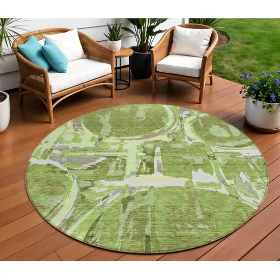 8' Artichoke Green And Fern Green Round Geometric Washable Indoor Outdoor Area Rug Photo 1