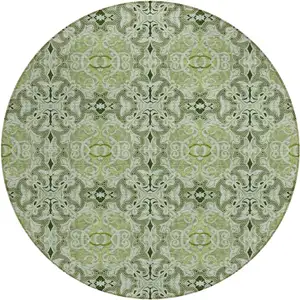 Photo of 8' Artichoke Green And Fern Green Round Medallion Washable Indoor Outdoor Area Rug