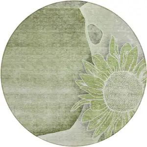 Photo of 8' Artichoke Green And Gray Round Floral Washable Indoor Outdoor Area Rug