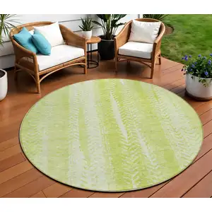 Photo of 8' Artichoke Green And Ivory Round Botanical Leaves Washable Indoor Outdoor Area Rug