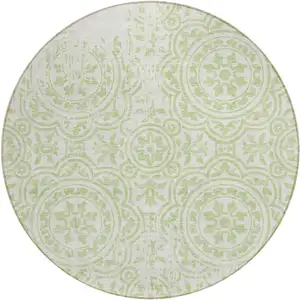 Photo of 8' Artichoke Green And Ivory Round Medallion Washable Indoor Outdoor Area Rug