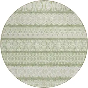 Photo of 8' Artichoke Green And Ivory Round Quatrefoil Washable Indoor Outdoor Area Rug