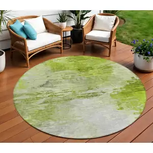 Photo of 8' Artichoke Green And Lime Green Round Abstract Washable Indoor Outdoor Area Rug