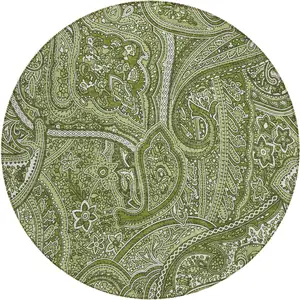 Photo of 8' Artichoke Green And Olive Green Round Paisley Washable Indoor Outdoor Area Rug