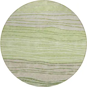 Photo of 8' Artichoke Green And Taupe Round Striped Washable Indoor Outdoor Area Rug