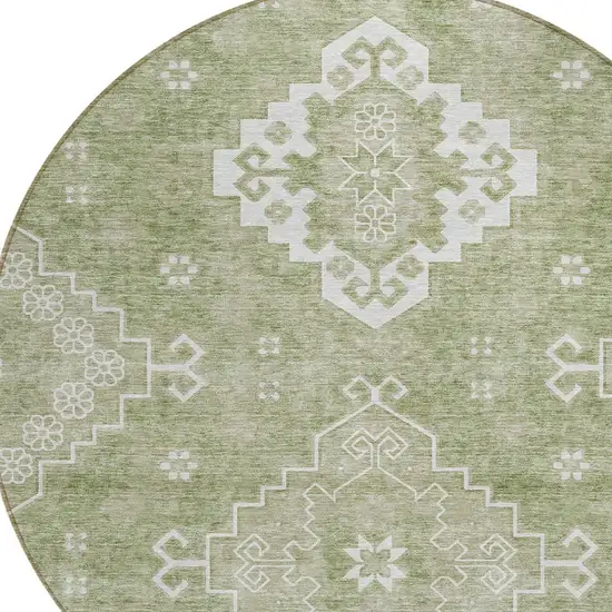 8' Artichoke Green Beige And Ivory Round Medallion Washable Indoor Outdoor Area Rug Photo 4