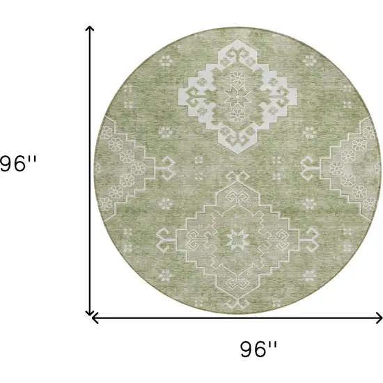 8' Artichoke Green Beige And Ivory Round Medallion Washable Indoor Outdoor Area Rug Photo 3