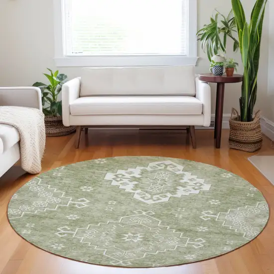 8' Artichoke Green Beige And Ivory Round Medallion Washable Indoor Outdoor Area Rug Photo 7