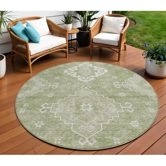 8' Artichoke Green Beige And Ivory Round Medallion Washable Indoor Outdoor Area Rug Photo 1