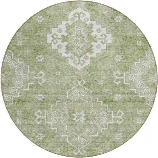 8' Artichoke Green Beige And Ivory Round Medallion Washable Indoor Outdoor Area Rug Photo 2