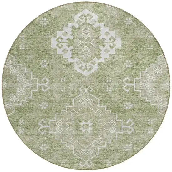 8' Artichoke Green Beige And Ivory Round Medallion Washable Indoor Outdoor Area Rug Photo 5