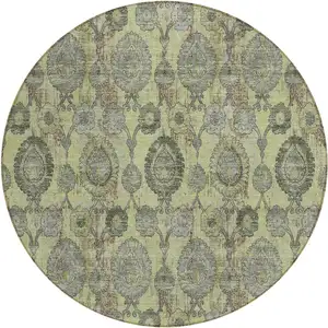 Photo of 8' Artichoke Green Green And Gray Round Damask Washable Indoor Outdoor Area Rug