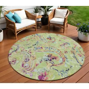 Photo of 8' Artichoke Green Green And Pink Round Paisley Washable Indoor Outdoor Area Rug