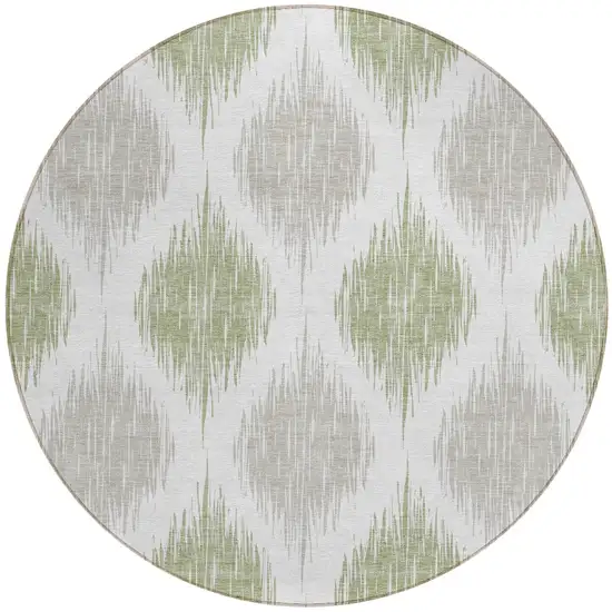 8' Artichoke Green Ivory And Gray Round Ikat Washable Indoor Outdoor Area Rug Photo 5