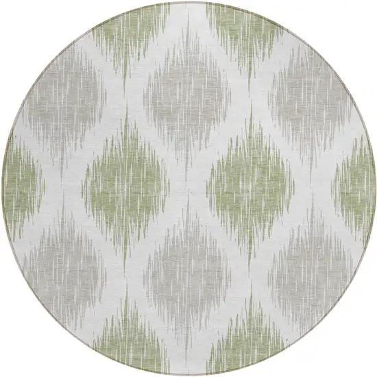 8' Artichoke Green Ivory And Gray Round Ikat Washable Indoor Outdoor Area Rug Photo 2