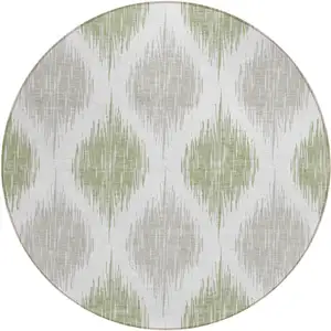 Photo of 8' Artichoke Green Ivory And Gray Round Ikat Washable Indoor Outdoor Area Rug