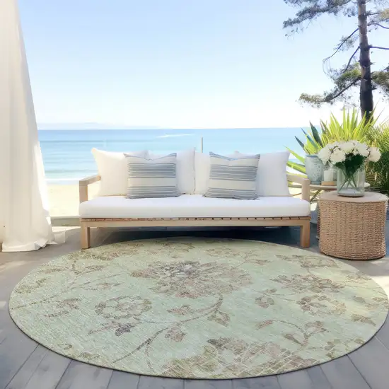 8' Artichoke Green Mint Green And Taupe Round Floral Washable Indoor Outdoor Area Rug Photo 7