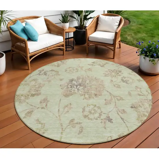 8' Artichoke Green Mint Green And Taupe Round Floral Washable Indoor Outdoor Area Rug Photo 1