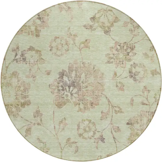 8' Artichoke Green Mint Green And Taupe Round Floral Washable Indoor Outdoor Area Rug Photo 2