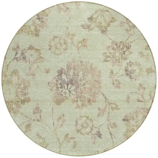 8' Artichoke Green Mint Green And Taupe Round Floral Washable Indoor Outdoor Area Rug Photo 6