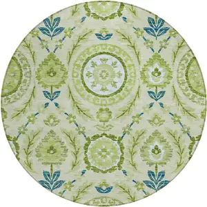 Photo of 8' Artichoke Green Olive Green And Blue Round Floral Washable Indoor Outdoor Area Rug