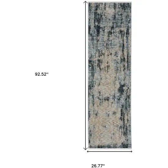 8' Beige And Blue Abstract Runner Rug With Fringe Photo 3