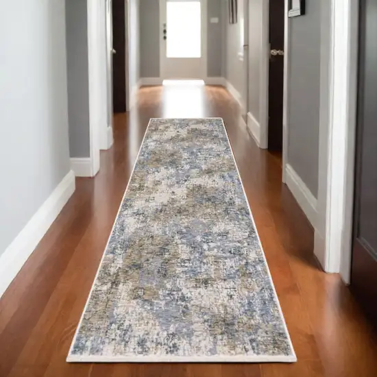 8' Beige And Blue Abstract Runner Rug With Fringe Photo 1