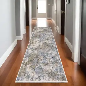 Photo of 8' Beige And Blue Abstract Runner Rug With Fringe