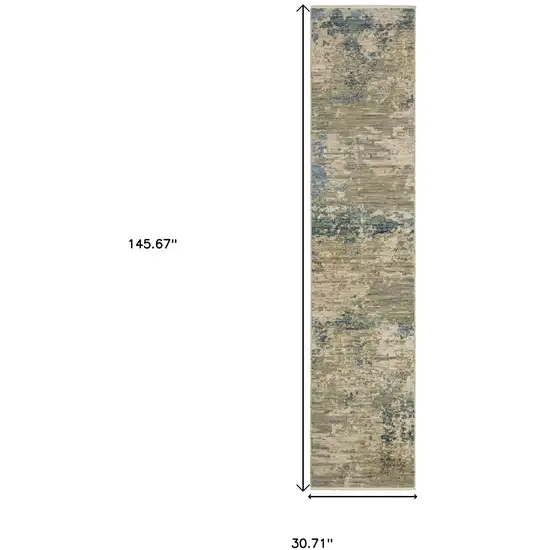 12' Beige And Blue Abstract Runner Rug With Fringe Photo 9