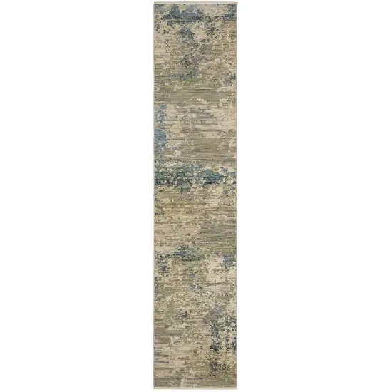 12' Beige And Blue Abstract Runner Rug With Fringe Photo 1