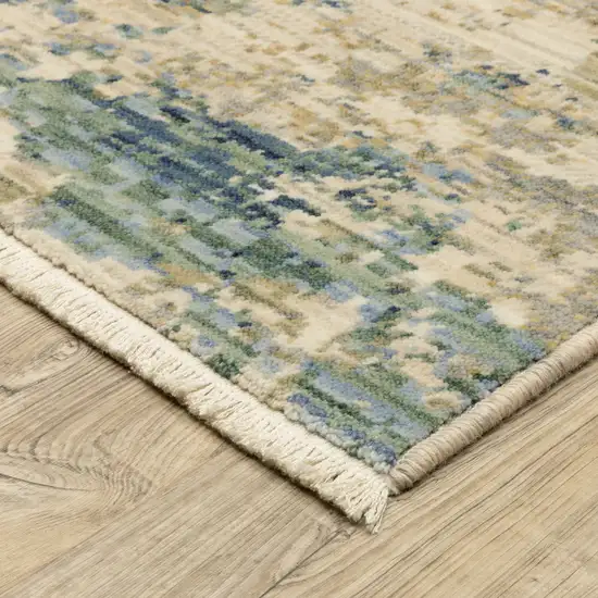 12' Beige And Blue Abstract Runner Rug With Fringe Photo 6