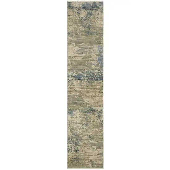 12' Beige And Blue Abstract Runner Rug With Fringe Photo 3